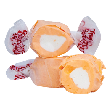 Taffy Town’s Tangerine Cream taffy candy with a swirl of orange and white—whipped salt water taffy with a bright citrusy flavor and creamy finish.